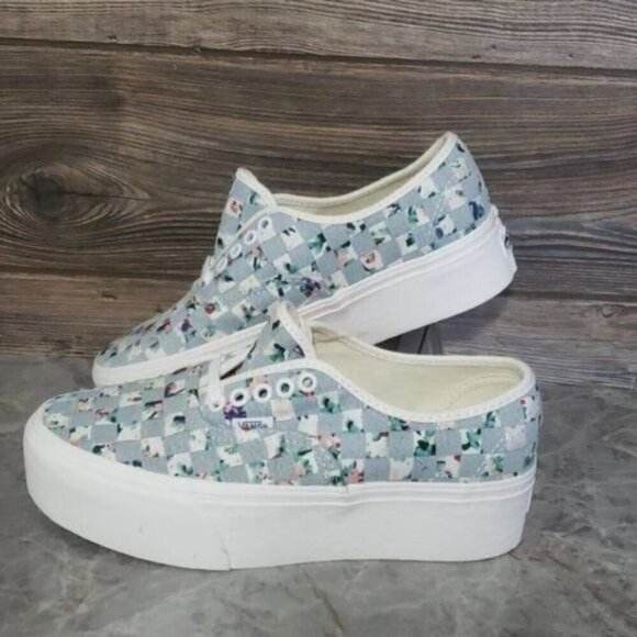 New Vans Authentic Stacked Woven Denim Floral Blue White Platform Shoes - Picture 2 of 8